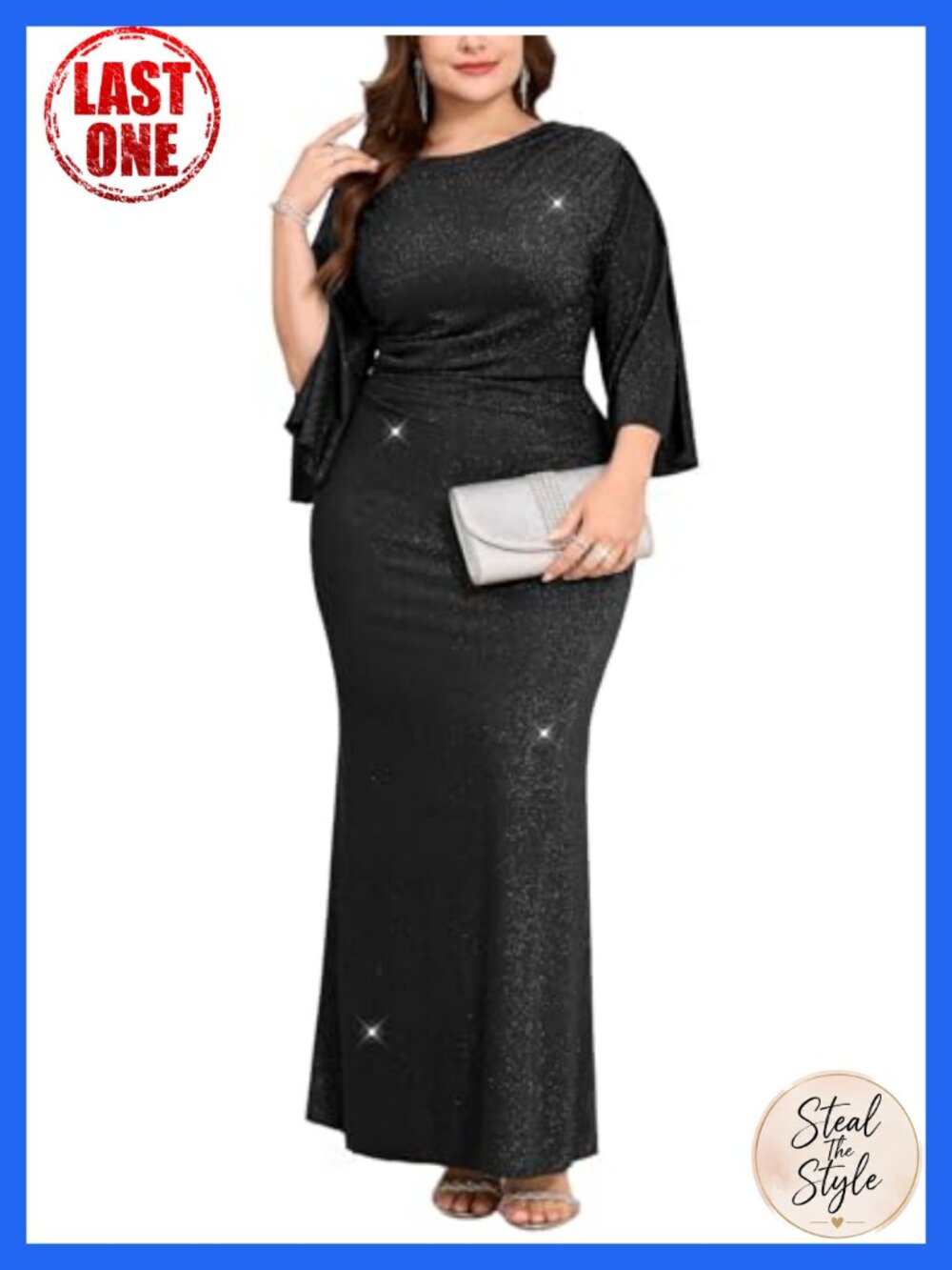 Plus Size Glitter Evening Gown 3/4 Split Sleeve Maxi Dress Ruched Waist